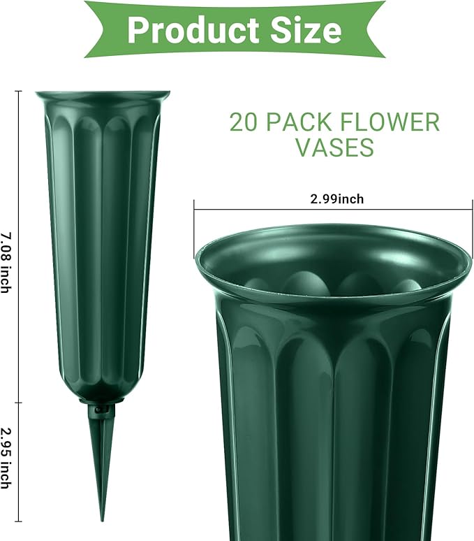 20 Pack Cemetery Vases with Spikes,Plastic Vases for Flowers,Grave Decorations for Cemetery,Grave Flower Holder,Memorial Floral Vase(Green)