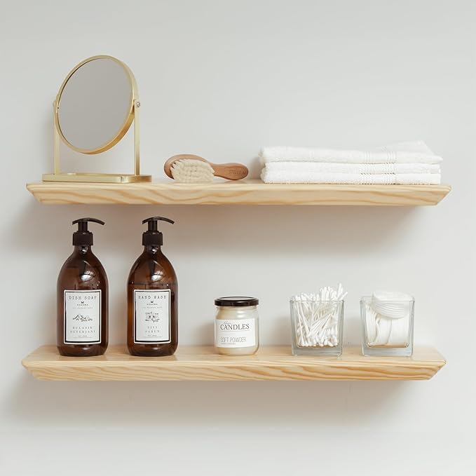 Solid Pine Wood Floating Shelves - Set of 2 (Natural Color) - 24x6.7x1.2 inch - For Bathroom, Bedroom, Living Room Walls