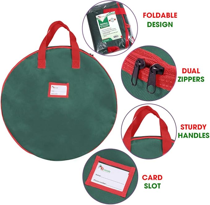 Primode Heavy Duty Christmas Wreath Storage Bag 24"- Garland Wreaths Container with Handles - Durable 600D Oxford Polyester Material Holiday Wreaths Storage Holder 24” (Green)