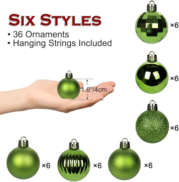 1.57" Green Christmas Ornaments for Christmas Tree 36 Pcs Mini Shatterproof Balls Christmas Tree Decorations Small Xmas Ornaments Balls with Hanging Loop for Wedding Holiday Party Wreath Home Decor