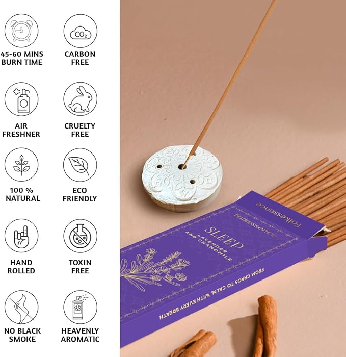Folkulture Incense Sticks | Set of 100 Insence-Sticks with Holder for Relaxation | Lavender & Chamomile Incense | Organic, Slow Burning, Non Toxic Inscents for Meditation for Women