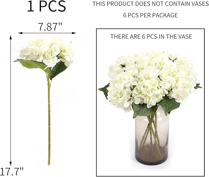 Kimura's Cabin 6Pcs Fake White Hydrangea Flowers Artificial Silk Hydrangeas with Stems Faux Hydrangea Bouquets for Home Wedding Party Table Core Decoration (White, Pack of 6)