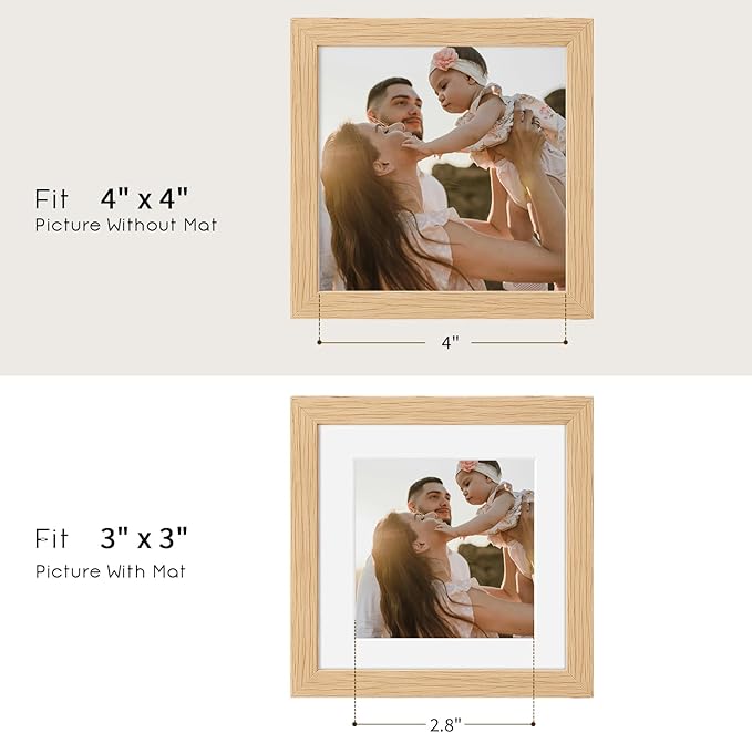 4x4 Oak Wood Picture Frame - 4"x4" Photo Frame, 4x4 Picture Frame Wood, Natural Solid Wooden Picture Frames for Wall Art Photo and Prints(3 Pack, Beige)