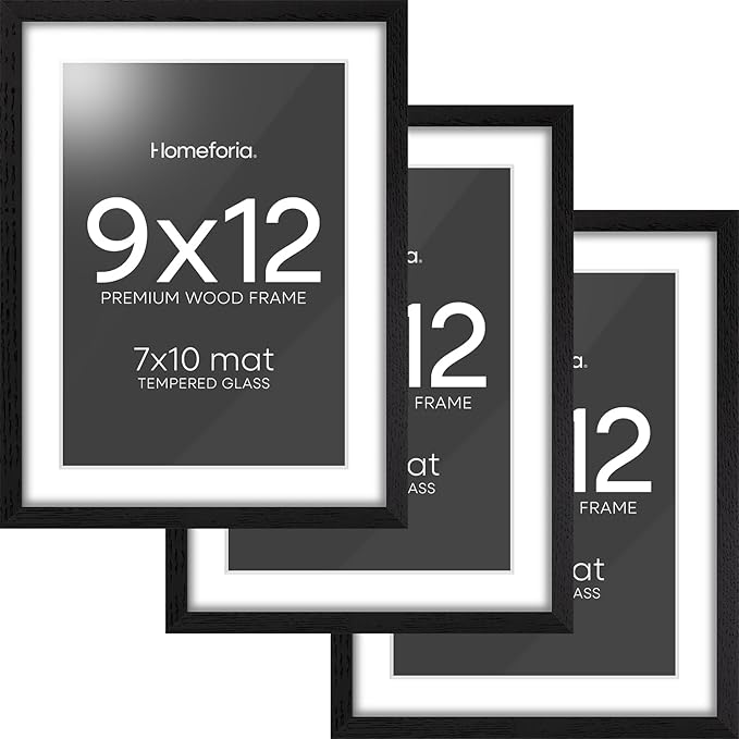 Homeforia 9x12 Black Wood Picture Frame, High End Oak 9 x 12 Frames with Mat 7 by 10 Art, 9by12 Black Wooden Frame Matted to 7x10 inch Photo, Wall or Tabletop Frame, Tempered Glass, Wall Kit, Set of 3