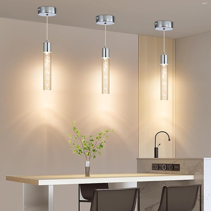 Modern LED Pendant Light, Chrome Bubble Hanging Ceiling Lighting Fixture, 3 Color 2700K/4500K/6500K, Small Kitchen Island Chandelier Over Table for Dining Room, Living Room, Entrance, Bar, Cafe