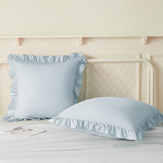 KKJIAF Ruffle Pillow Cases 18x18 Inches, Dusty Blue Square Ruffled Pillow Covers Set of 2, Microfiber Wrinkle Resistant Pillow Shams with Envelope Closure for Sofa Bed Living Room