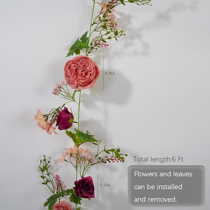 Peony Flower Garland, 6Ft Artificial Silk Pink Rose Flower Vine, Floral Arch Vine for Wedding Table Runner Mantle Decoration Home Decor (Peony-Purple)