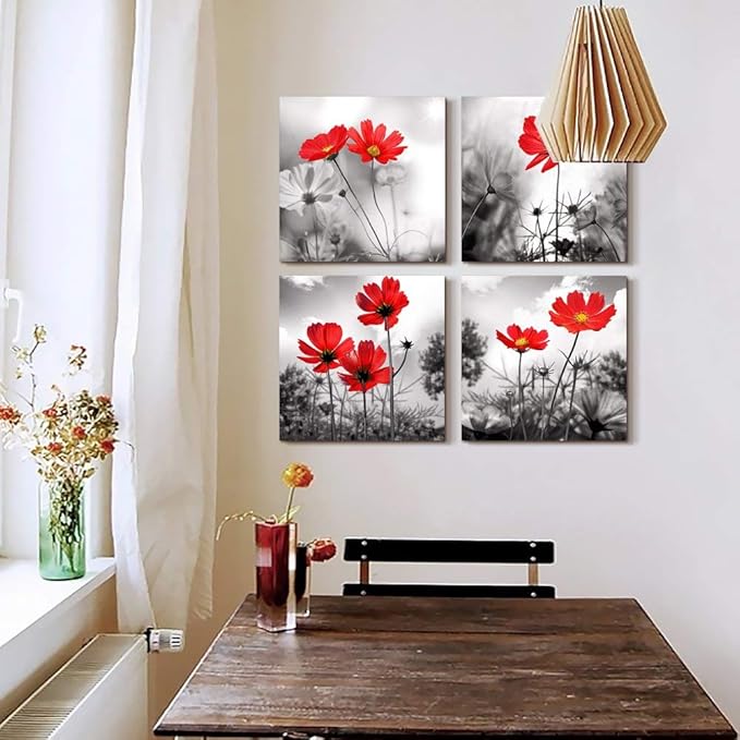 Wall art 4Panel Modern Salon Theme Black and White Plant The red flower Flower Abstract Painting Still Life Canvas Wall Art for Home Decor Flower Canvas Print Wall Art Painting For Living Room Decor