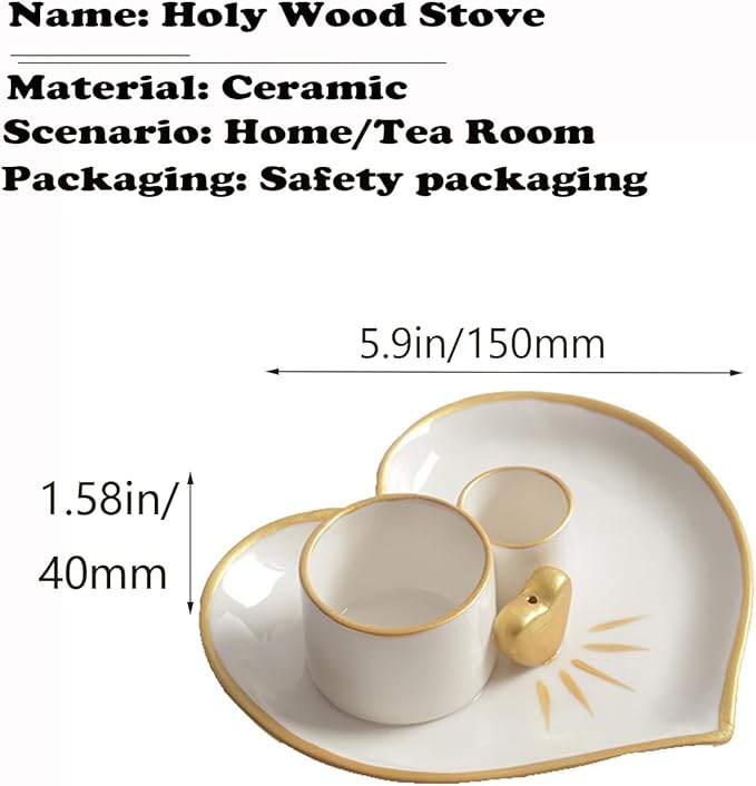 4 in 1 Incense and Candle Holder for Burning Sage, Palo Santo - 5.4" Ceramic Ash Catcher Tray for Meditation Room (Heart-Shaped)