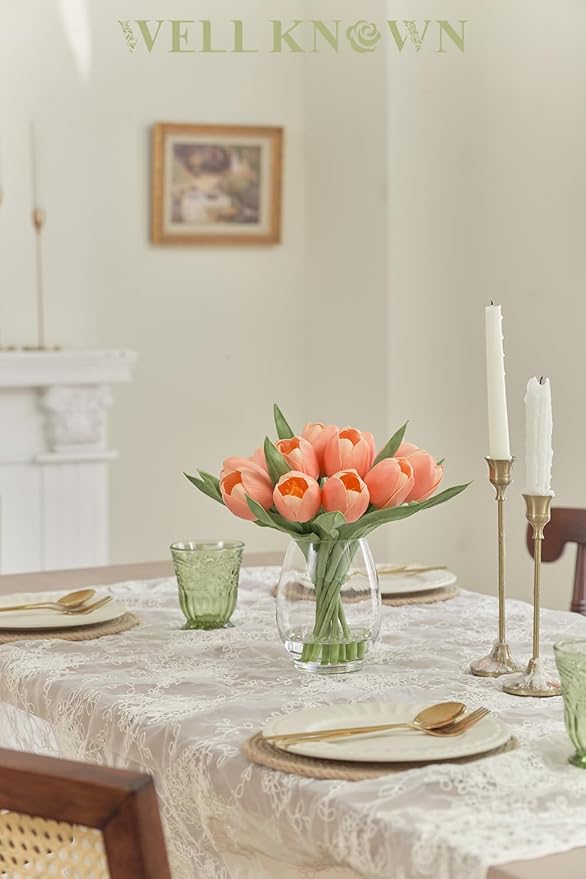 WELL KNOWN 12 Pcs Fake Tulips Artificial Flowers in Vase with Faux Water, Peach Pink Foam Tulips Arrangements with Vase for Home Office Wedding Dining Table Centerpiece Party Decor & Birthday Gift