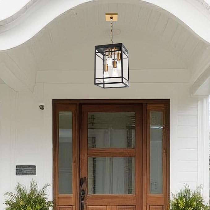 4-Light Outdoor Pendant Lights for Porch, Black & Brushed Brass Outdoor Chandelier 15.7'' Exterior Hanging Porch Light Fixtures w/Clear Glass, Waterproof Outside Pendant Lantern for Garage