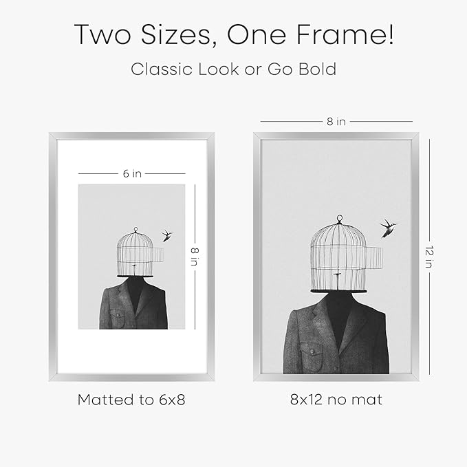 Homeforia Silver 8x12 Picture Frame, High End Metal 8 x 12 Poster Frames with Mat 6 by 8 for Photo, 12x8 Frame Matted to 6x8 inch Art, 8by12 Wall or Tabletop Frames, Tempered Glass, Wall Kit, Set of 3