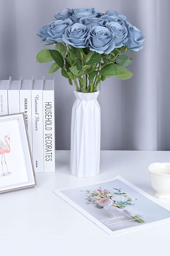 Artificial Rose Flower Artificial Flowers Flower with Long Stem Silk Roses Bouquet for Wedding Bridal Shower Party Home Decoration (Dusty Blue, 50 Pcs)