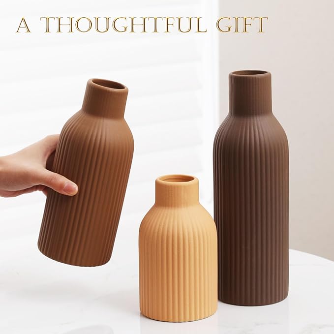 Ceramic Vase Set of 3 - Handcrafted Ceramic Vases for Home Decor & Shelf - Modern Farmhouse Decor for Kitchen, Office, Bedroom & Living Room Decorative Objects for Mantel, Table Centerpieces