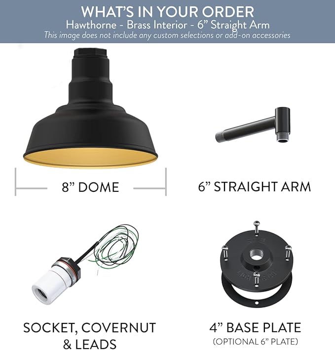 Steel Lighting Co. Hawthorne Barn Light | Outdoor Wall Mounted | 8 inch Dome | 6 inch Straight Arm| Small Farmhouse Light Made in America | Matte Black Exterior/Brass Interior
