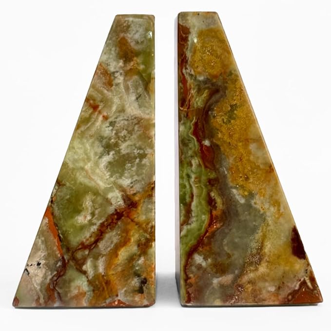 Ottimo Premium Polished Natural Marble bookends for use as Bookshelf Decor, Home, Office or Kitchen Shelves. Heavy, Triangular,and Modern Decorative Book Stopper with Anti-Slip Pads (Green Onyx)
