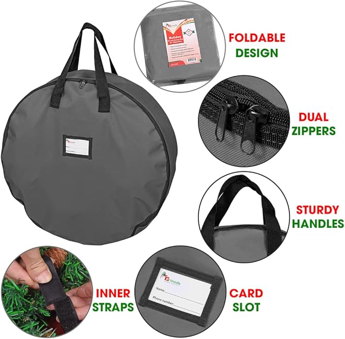 Primode Heavy Duty Wreath Storage Bag 48" | Garland Wreaths Container with Handles| Durable 600D Oxford Polyester Material Xmas Holiday Wreaths Storage Holder (Gray)