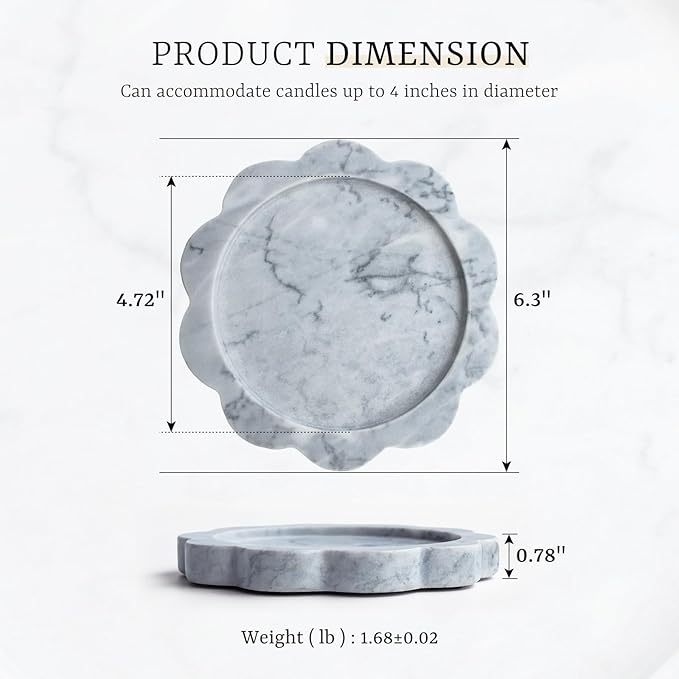 Natural Marble Candle Holder, Elegant Marble Scalloped Tray for Countertop, Solid Feel, Smooth Finish, Catchall for Jar Pillar Candles, Perfume, Key, Jewelry Dish, 6.3" Diameter