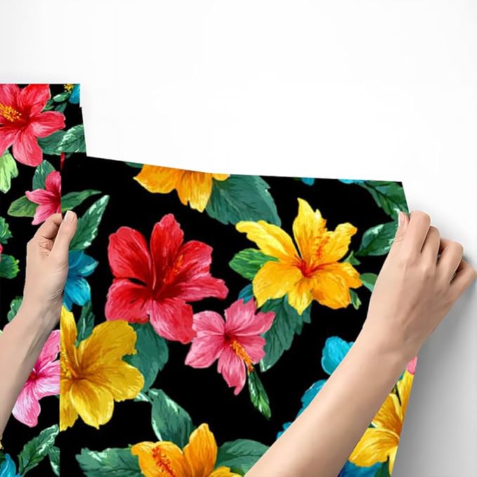 Removable Peel and Stick Wall Stickers 39.37x15.75 Inch Tropical Floral Red Pink Yellow Blue Hibiscus Blossoms Vibrant Modern for Bedroom Living Room Home Spaces Decor