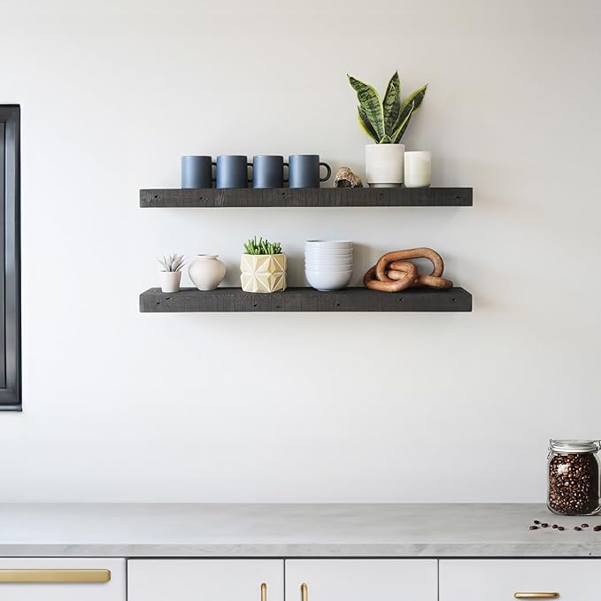 Urban Legacy Reclaimed Barnwood Planks | Floating Shelves for Wall w/Flush Mount Shelf Bracket Set Included | Set of 2 (Coffee Bean, 30"x 4.5"x 2")