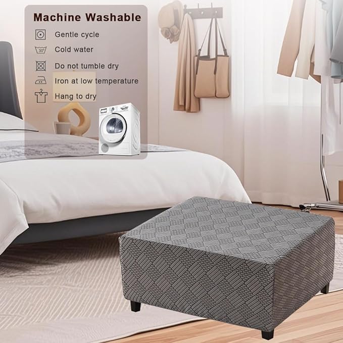 Square Ottoman Cover Large Stretch Storage Ottoman Bench Covers Slipcovers Cube Jacquard Covers for Square Ottomans Coffee Table Footrest Stool Cover with Elastic Bottom L Dark Gray