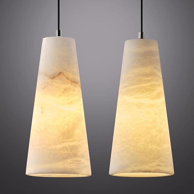 Alabaster Pendant Lights Kitchen Island,White Pendant Light Set of 2, Marble Shade Black Cone Lighting Fixtures for Bedroom Bathroom Dining Room Living Room H-10in (Bulbs INCL)