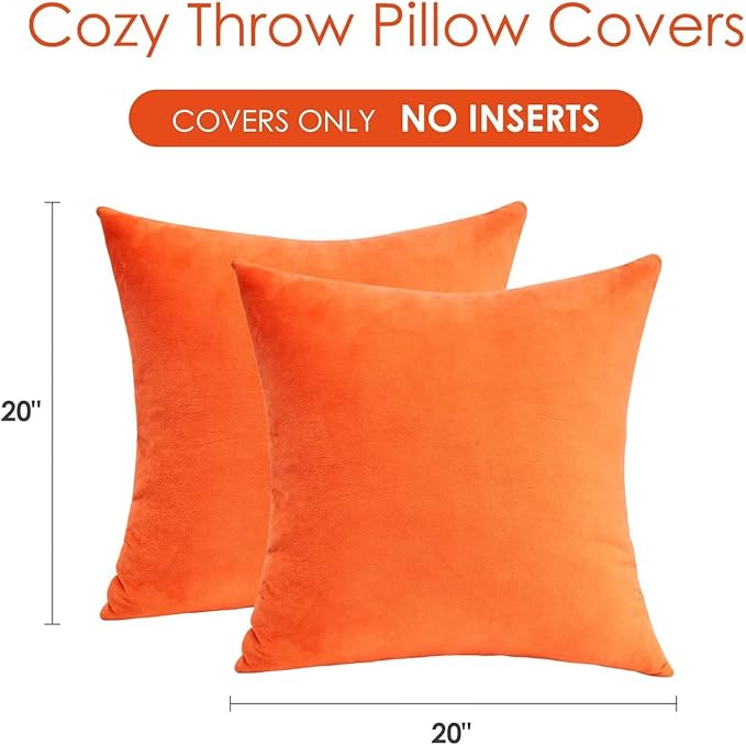 Velvet Throw Pillow Covers Orange Set of 2 20x20 Inch Pillow Covers, Soft Farmhouse Neutral Decorative Pillowcases for Couch Sofa Bed, Home Boho Decor, Modern Cushion Covers