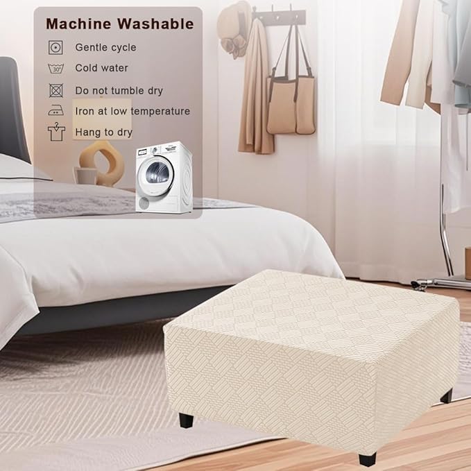 Square Ottoman Cover Large Stretch Storage Ottoman Bench Covers Slipcovers Cube Jacquard Covers for Square Ottomans Coffee Table Footrest Stool Cover with Elastic Bottom S Beige