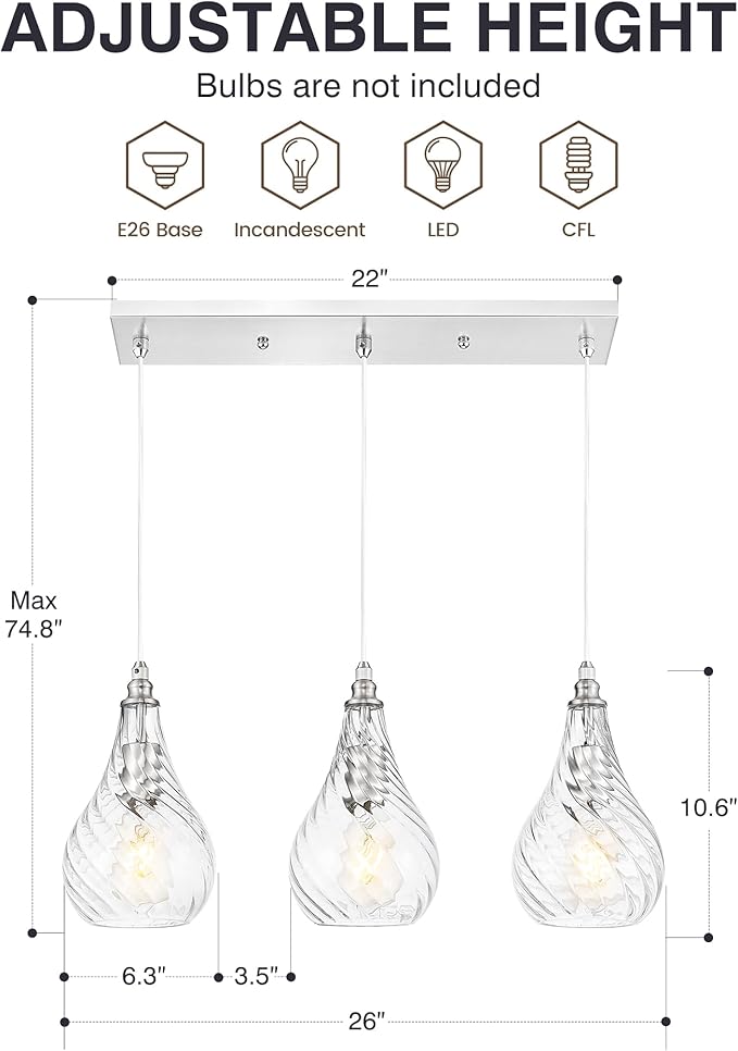 TENGXIN 3-Light Pendant Lights for Kitchen Islands - 6 Inch Brushed Nickel with Striped Glass. Farmhouse Style, Ideal for Dining Rooms and Bedrooms, Model TXPLBN12-3.