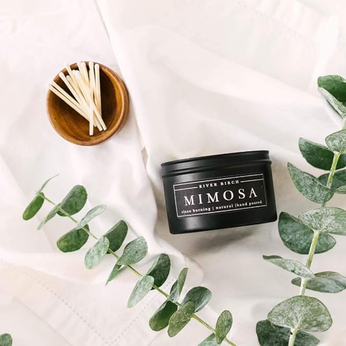 River Birch Candles Mimosa Scented Candle | Premium, All-Natural, Non-Toxic, Soy Candles | 8 oz. Black Matte Tin Travel Candle | Cozy Relaxing Gifts for Home