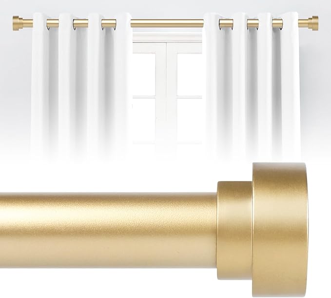Gold Curtain Rods for Windows 48 to 84 Inch,1 Inch Heavy Duty Curtain Rods,Adjustable Modern Drapery Rod,Window Single Pole 30-84,Brass Gold