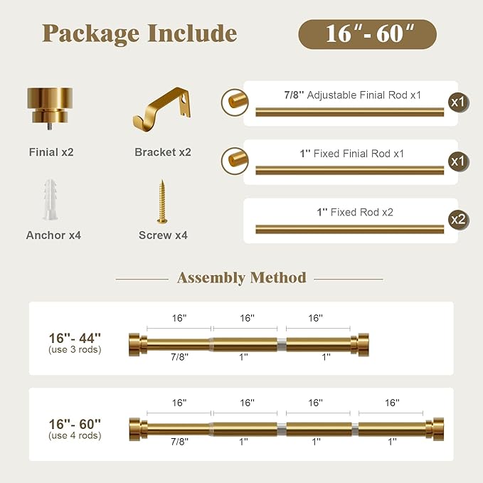 Oneach Heavy Duty Curtain Rods for Windows 28 to 48 Inch, 1 Inch Brass Gold Curtain Rod, Adjustable Length Rod with Metal Finials, Modern Decorative for Bedroom Kitchen Living Room (16 to 60 Inch)