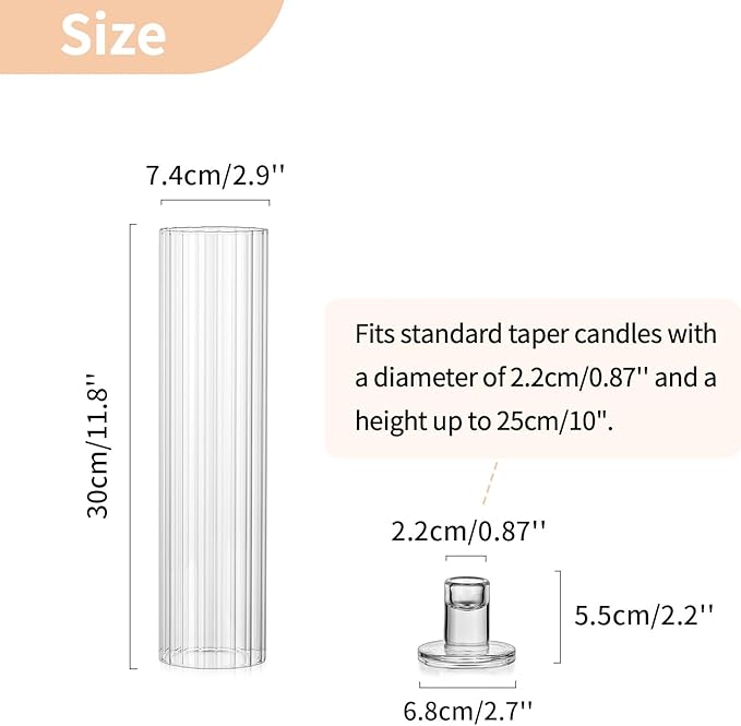 NUPTIO Fluted Candle Holder Set: Bulk Hurricane Candlestick Holders with Ribbed Glass Cylinder Sleeve - Set of 10 Tapere Candle Stick Stand for Fall Thanksgiving Christmas Decor