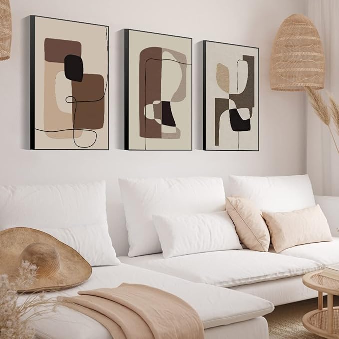 FCHUI Modern Aesthetic Decor 24" x 32" Framed Wall Art,Neutral Black, White And Gray Abstract Lines Color Block Canvas Posters & Prints, Home Wall Decor Natural Living Room Bedroom Bathroom