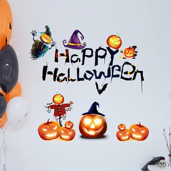 Happy Halloween Wall Decals – Removable Vinyl Stickers with Pumpkins, Witches, Bats & Scarecrow, Halloween Decorations for Home, Office, Shop Window, Party Wall Decor