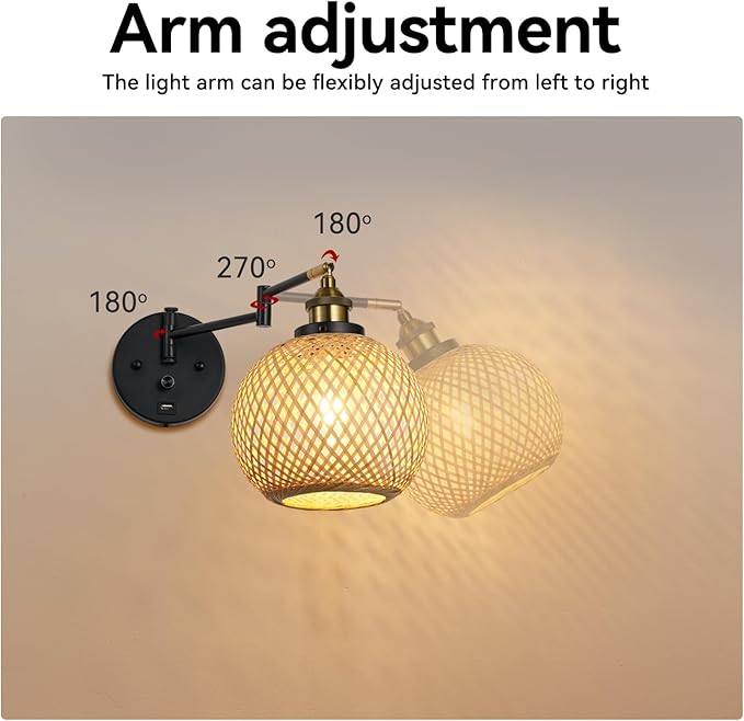 Rattan Plug in Wall Sconce Hand-Woven Rattan Swing Arm Wall Lamp with USB Port and Dimmer Switch Black Vintage Wall Light Fixtures Suitable for Bedroom Living Room.