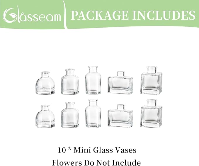 Glasseam Mini Glass Bud Vases: Small Clear Vases for Centerpieces Cute Tiny Flower Vase Set of 10 for Flowers Modern Centerpiece Decor for Wedding Party Dining Room Decoration