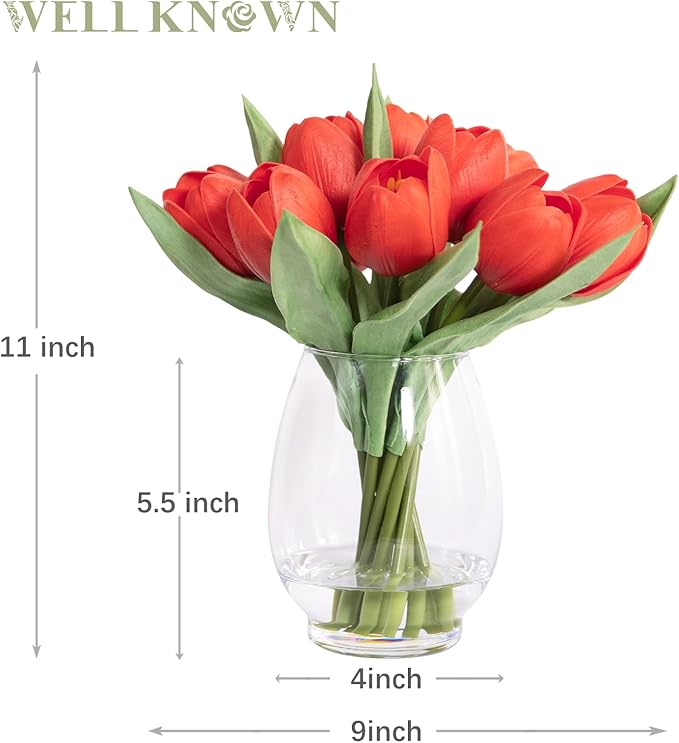 WELL KNOWN 12 Pcs Fake Red Tulips Artificial Flowers in Vase with Faux Water, Real Touch Foam Tulips Arrangements with Vase for Home Office Decor, Dining Table Wedding Centerpiece (Coral Red)