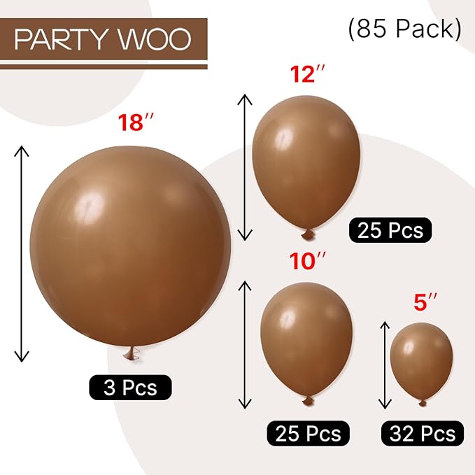 PartyWoo Brown Balloons 85 pcs Different Sizes of 18 12 10 5 Inch Boho Neutral Coffee Dark Brown Balloon Arch Kit Garland for Wedding Baby Shower Gender Reveal Birthday Party Decorations Brown-F09