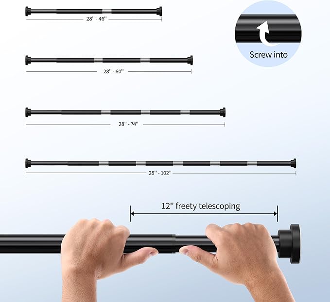 Shower Curtain Rod, 1" Diameter Heavy Duty Tension Shower Rod, Non Slip Adjustable 28-102 inch No Drilling Shower Curtain Rods Spring Tension For Bathroom, Shower Stall, No Rust, Black