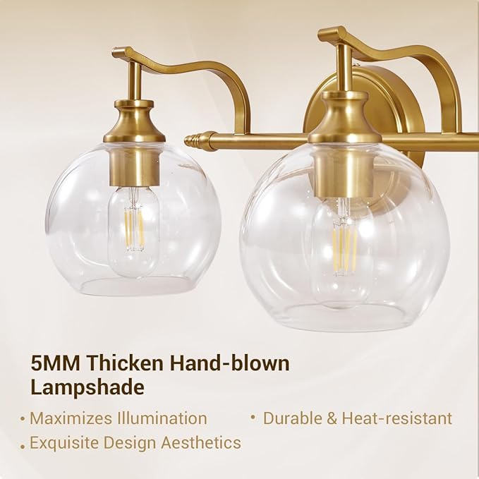 ANDY STAR Gold Bathroom Light Fixtures, 2-Light Brass Vanity Light, Modern Sconces with Globe Clear Lampshade, Farmhouse Bathroom Lighting Fixtures Over Mirror with Metal Lamp Body, E26 Base
