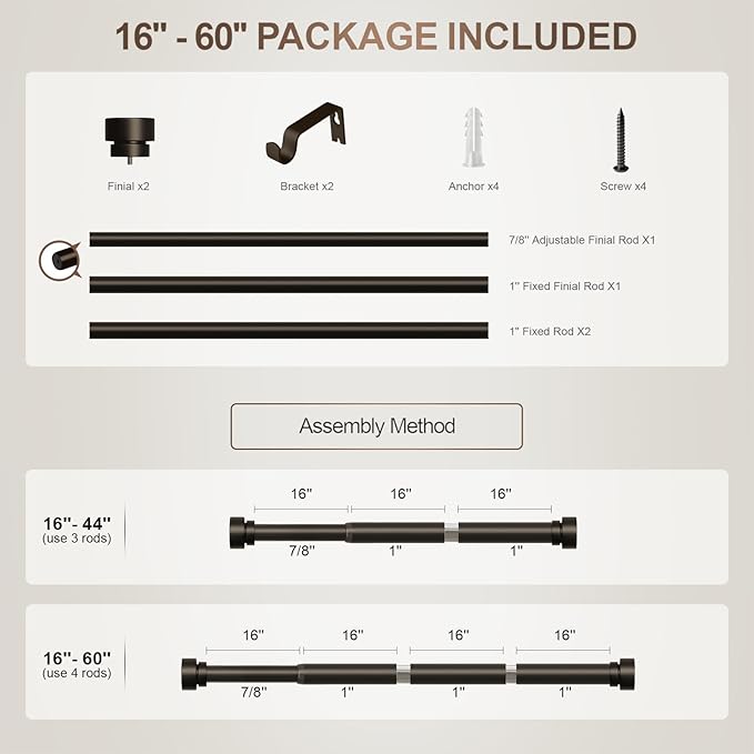 Modern Brown Curtain Rods for Windows 28 to 48 Inches Adjustable Length Heavy Duty 1" Diameter Window Curtain Rod with Decorative Finials for Outdoor Bedroom Kitchen Living Room