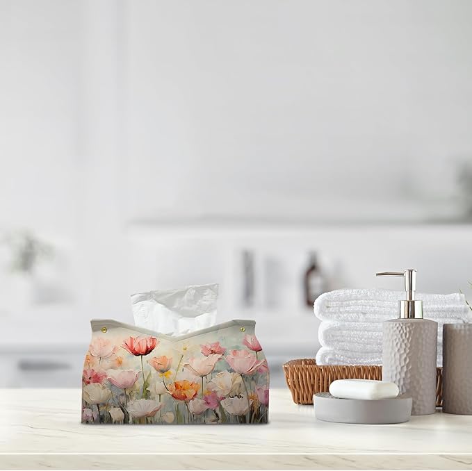 Spring Floral Leather Tissue Box Cover Rectangle, Tulip Flower Toilet Paper Box Holder,Flower Decorative Facial Paper Case for Farmhouse Living Room Bathroom Kitchen Office Desk,9.8x5.9x5.9In