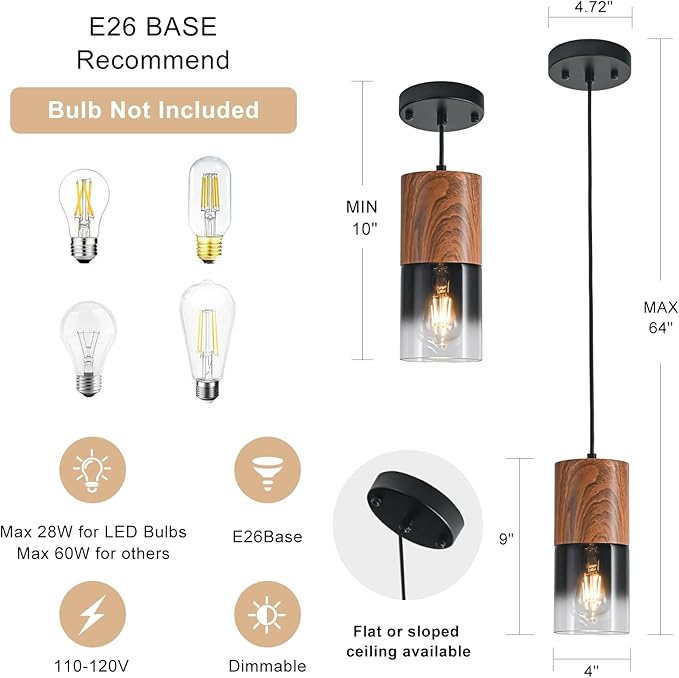 Modern Pendant Lights for Kitchen Island, Adjustable Black Pendant Light Fixtures with Brown Wood Grain, Industrial Glass Pendant Lights for Dining Table Hallway Bedroom Living Room,1 Pack