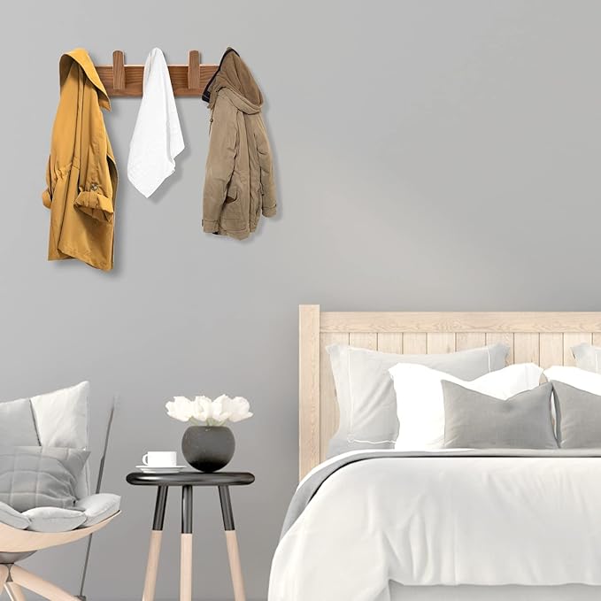 Wood Coat Rack Wall Mount with 5 Hooks, 17'' Hole to Hole Wall Coat Rack for Hanging Coat Jacket Backpack, Natural Wall Coat Hook