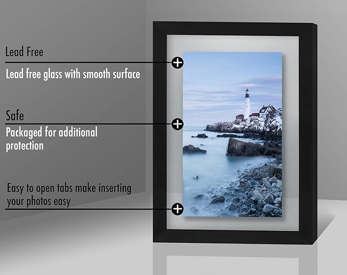Americanflat 5x7 Floating Picture Frame with Polished Crystal-Clear Glass - Use as 5x7 Picture Frame or Display 3x5 Photo - Signature Float Collection - Photo Frames for Wall Display - Black