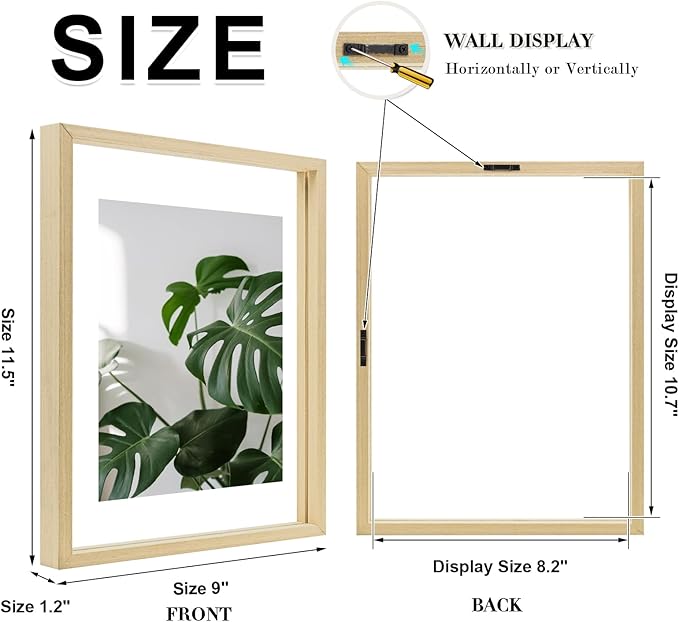 Egofine 8.5x11 Floating Frames Set of 2, Double Plexiglass Picture Frame, Made of Solid Wood Display Any Size Photo up to 8.5x11, Wall Mount or Tabletop Standing, Natural Wood