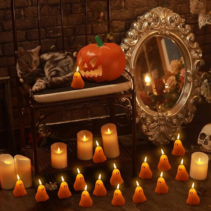 20 Pieces Ghost Candles, Halloween Decoration Candles, White Soy Wax Horror Spooky Tea Lights Candles Set Goth Gifts for Ghost Decor Fall Decor Halloween Party Home Bedroom Room Table Decorations