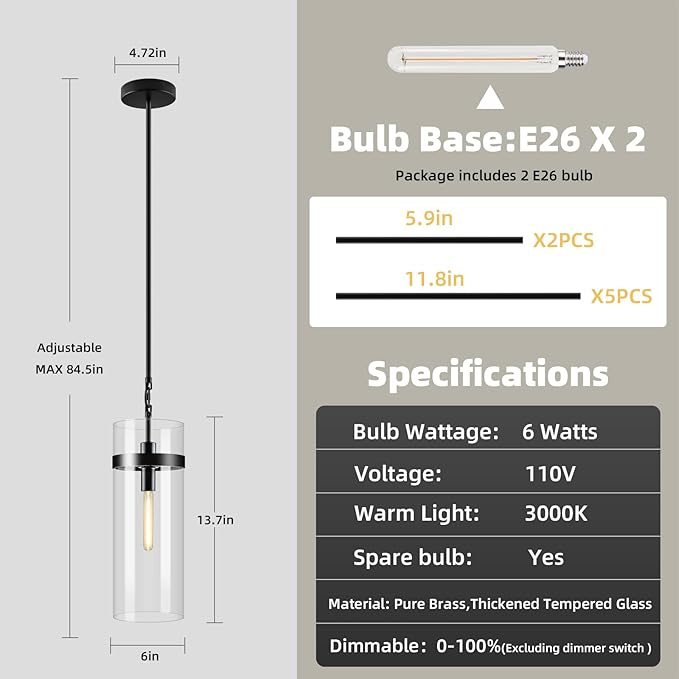 Modern Large Glass Kitchen Island Pendant Light,Black 6'' Clear Adjustable Island Pendant Lights,1 Light Indoor Pendant Light, for Kitchen Dining Bathroom Bedroom,Included 2 Bulb