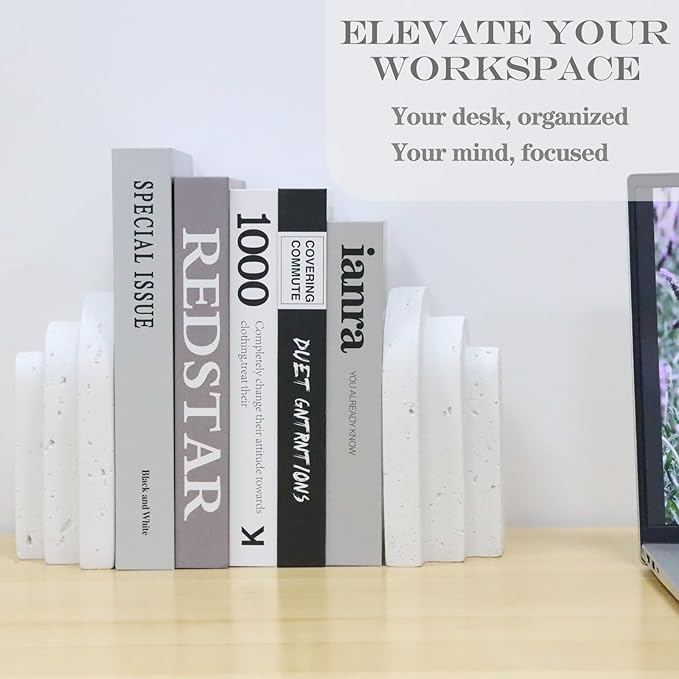 Decorative Book Ends for Shelves - Boho Aesthetic Bookends Decor - Heavy Duty Travertine Book Stopper Holder for Home Office Desk Coffee Table, Gifts for Book Lovers (White)